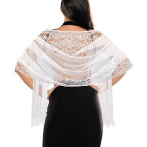 Women White Floral Lace Scarf Shawl wif Tassel Mesh Wedding Party  Evening Dress